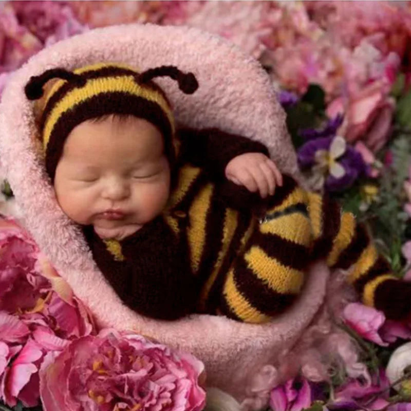 Newborn Photography Clothing Set – Mohair Bee Hat & Jumpsuit 2Pcs, Knitted Baby Photo Props & Studio Outfit