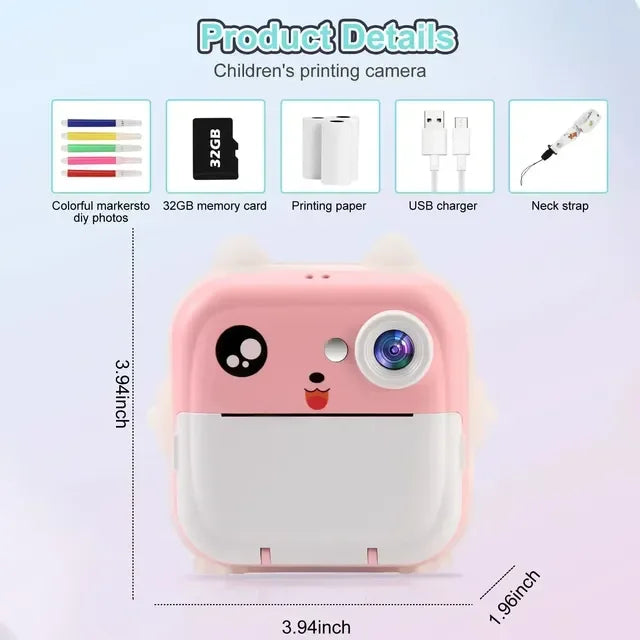Kids Digital Camera Toy with Instant Thermal Print, 1080P HD Photo & Video, 32GB Memory Card