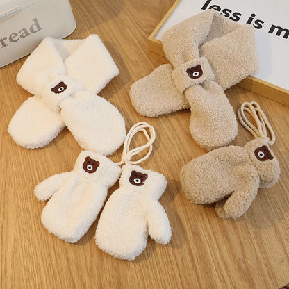 Bear Winter Baby Scarf Gloves Set – Faux Lamb Wool Neck Warmer & Mittens for Boys & Girls (2-6Y) – Warm Korean Kids Accessories