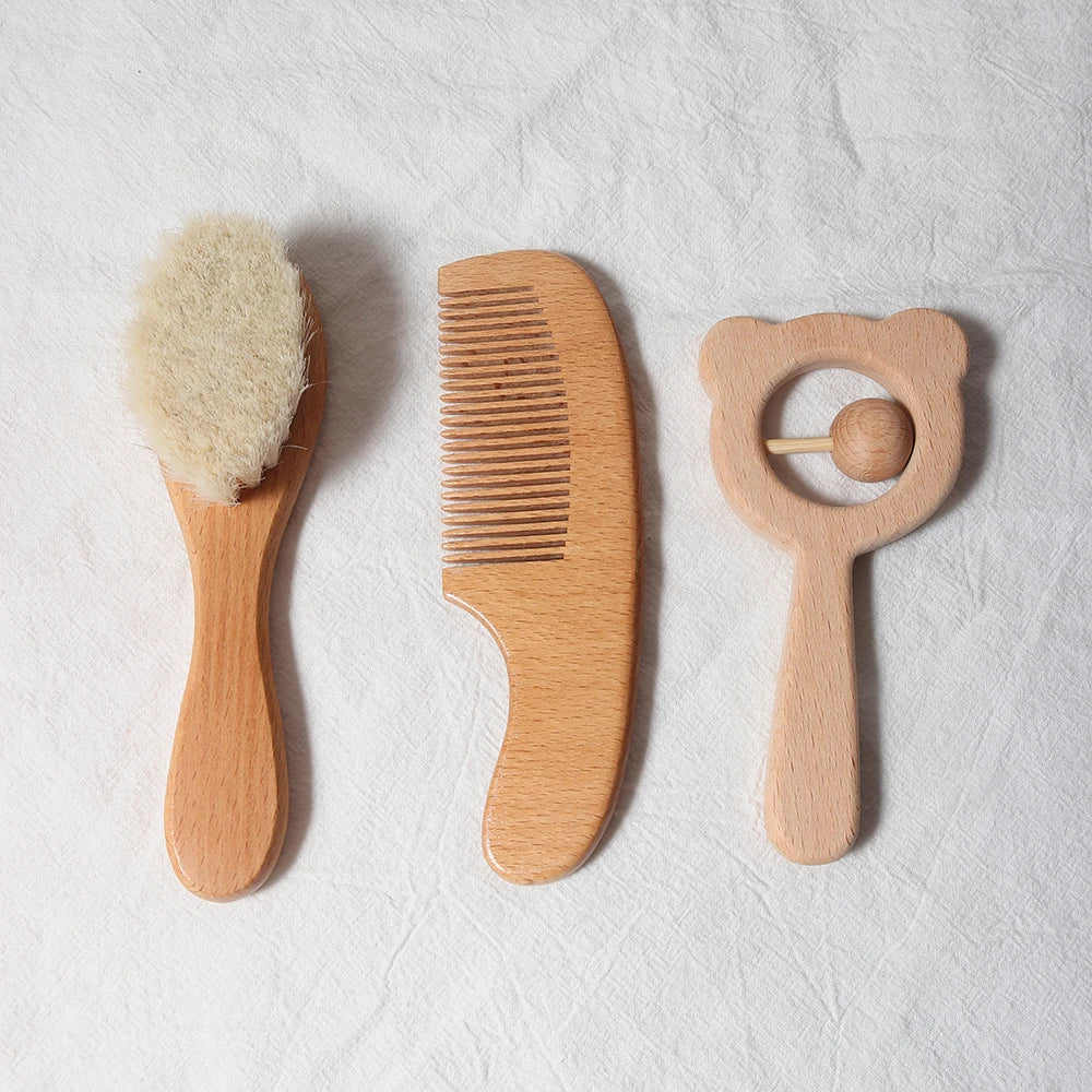 Baby Comb Brush Set - Newborn Gift Set with Natural Wool Beech Wooden Comb, Baby Bib, Pacifier Clip, and Hair Brush