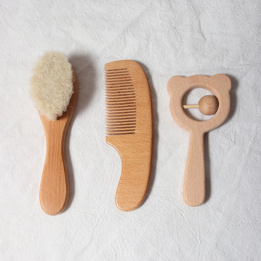 Baby Comb Brush Set - Newborn Gift Set with Natural Wool Beech Wooden Comb, Baby Bib, Pacifier Clip, and Hair Brush