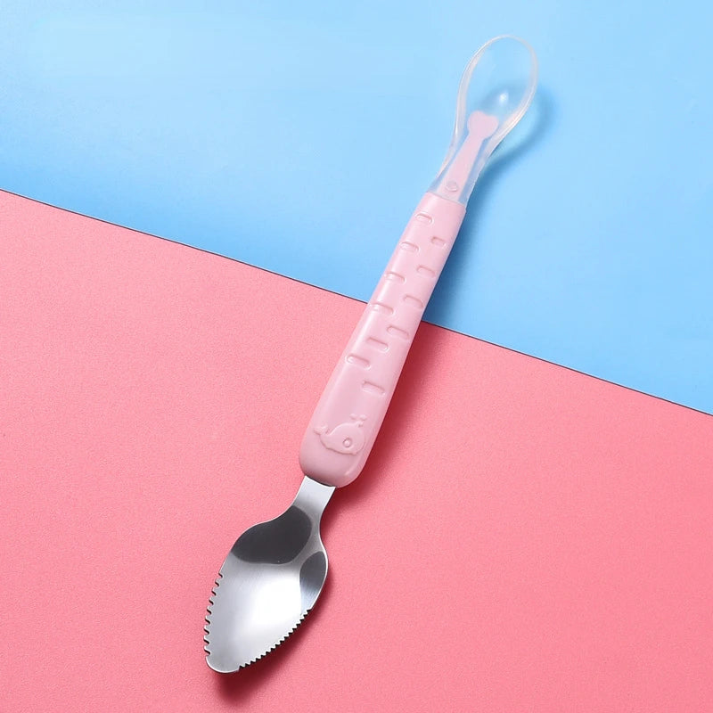 Baby Food Feeding Spoon Set – Stainless Steel Scraping & Soft Silicone Spoon for Infants and Toddlers – Includes Storage Box – BPA Free Baby Utensils for Puree, Soft Foods & Weaning