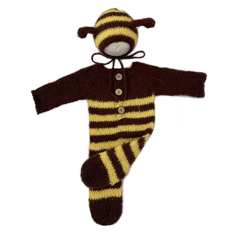 Newborn Photography Clothing Set – Mohair Bee Hat & Jumpsuit 2Pcs, Knitted Baby Photo Props & Studio Outfit