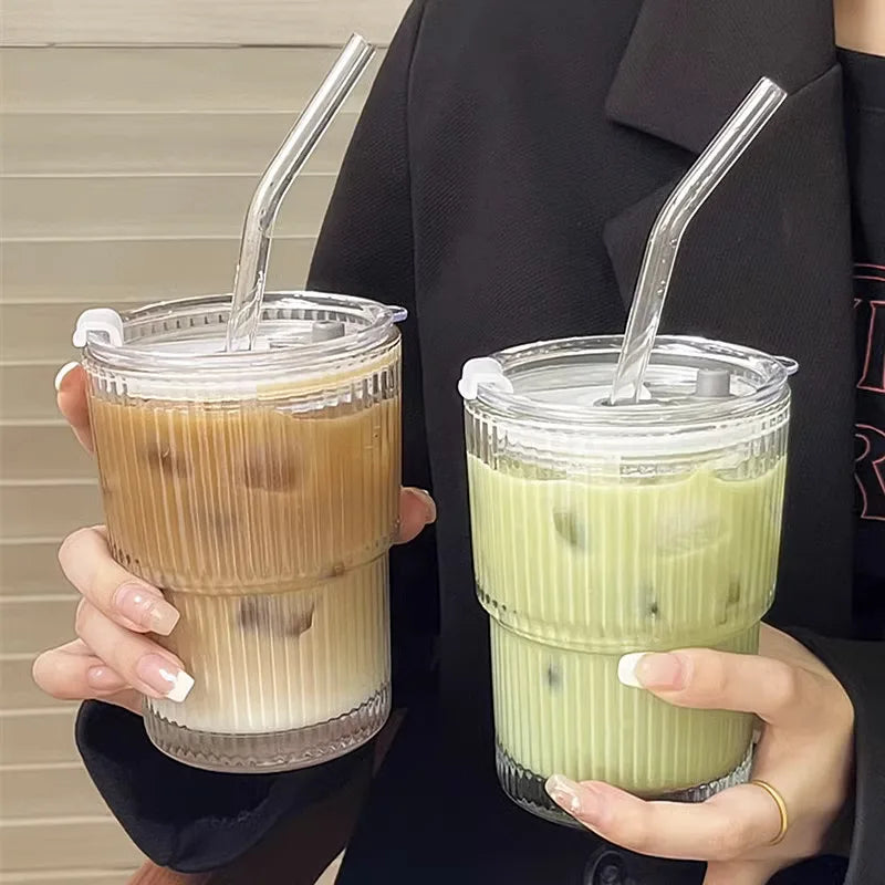 15 fl oz (450 ml) Glass Cup with Lid & Straw - Heat-Resistant Transparent Coffee, Tea & Juice Mug