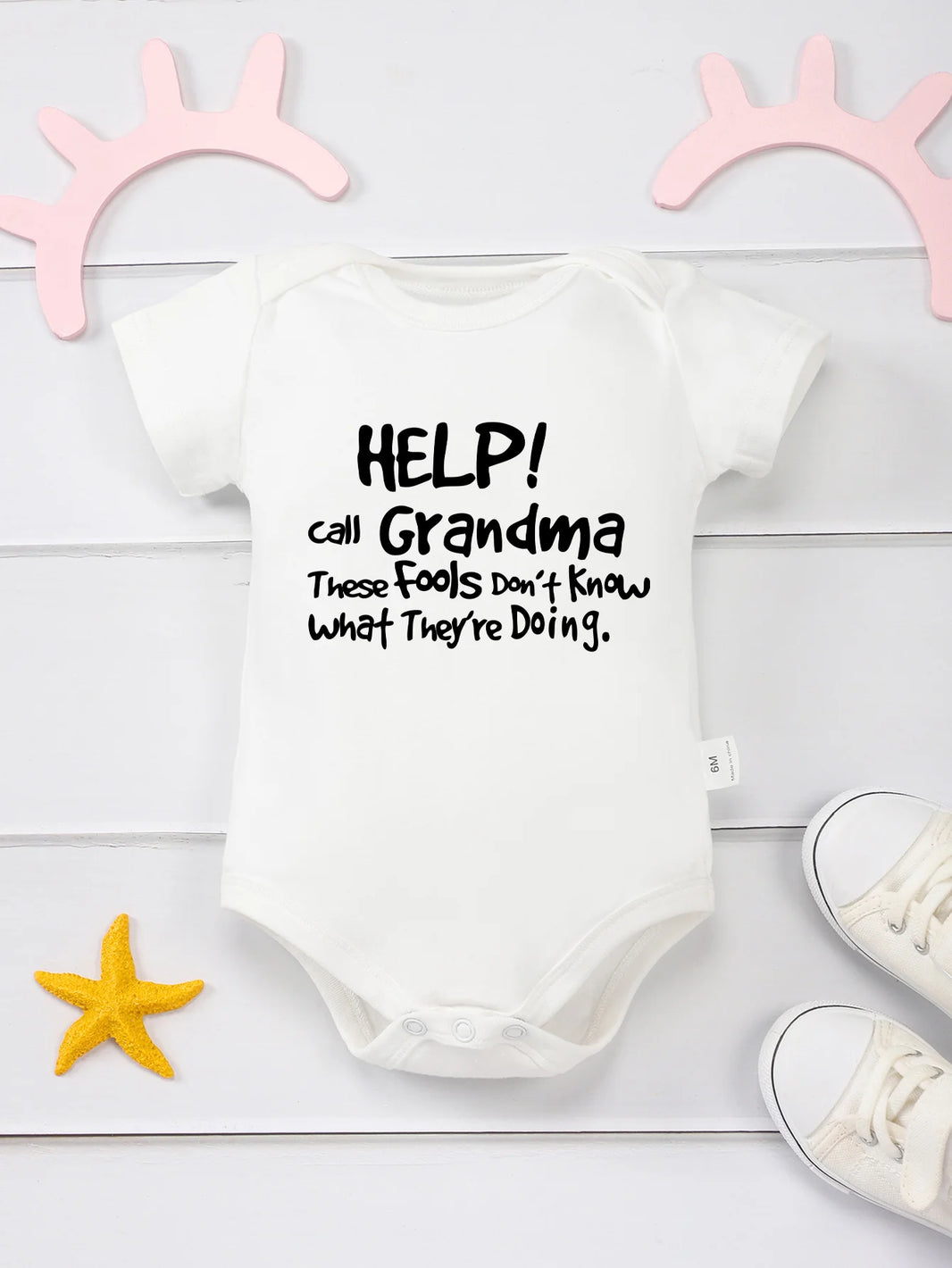 “Help Call Grandma” Letter Print Newborn Infant Rompers – Cute Short Sleeve Toddler Jumpsuit – Fashion Baby Boy & Girl Bodysuit