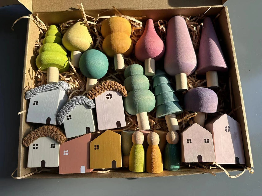 Kids Wooden Pastel Nordic Building Blocks – Stacking Crochet House, Animals, Rainbow, and Forest Tree Toys