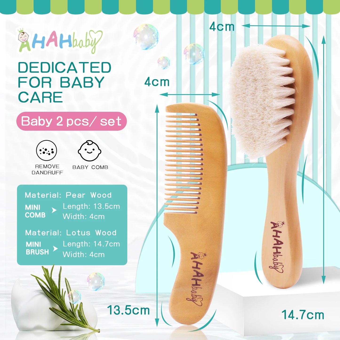 Baby Hair Brush and Comb Set for Newborn - Massage Bath & Shower - Custom Logo Mini Baby Wooden Hair Brush for Kids