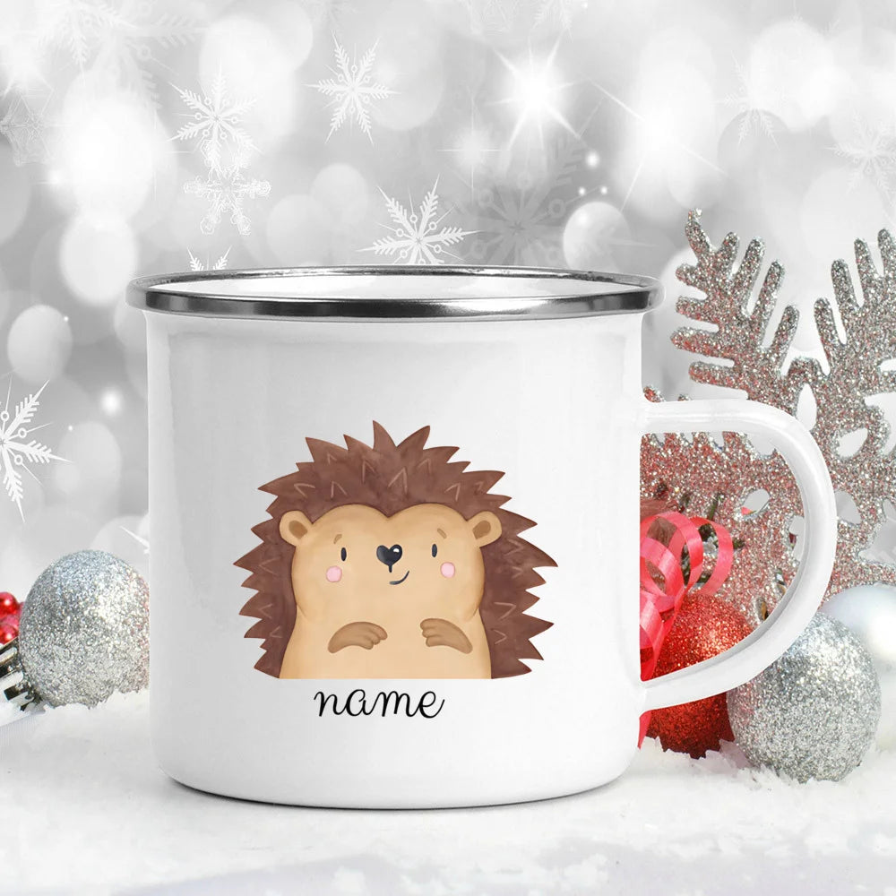 Personalized Kids Enamel Camping Mug — Forest Animals Children's Name Cup, Eco-Friendly Enamel Mug