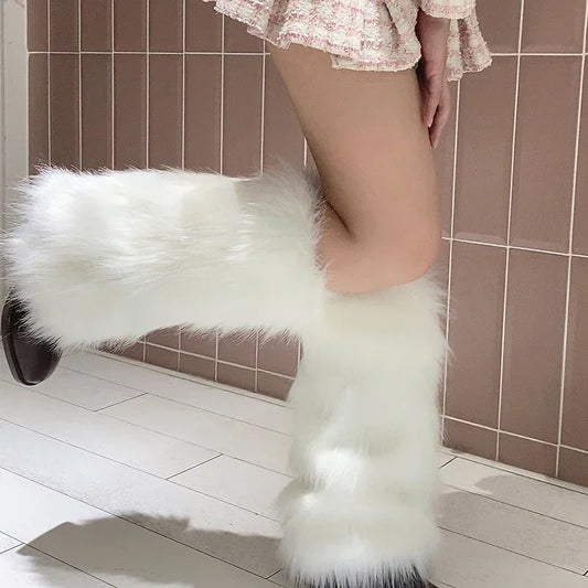 Japanese White Faux Fur Leg Warmers - Boot Covers | Y2K Goth Solid Leg Socks | Punk JK Knee-Length Hiphop Hotgirl Fashion Warm Socks