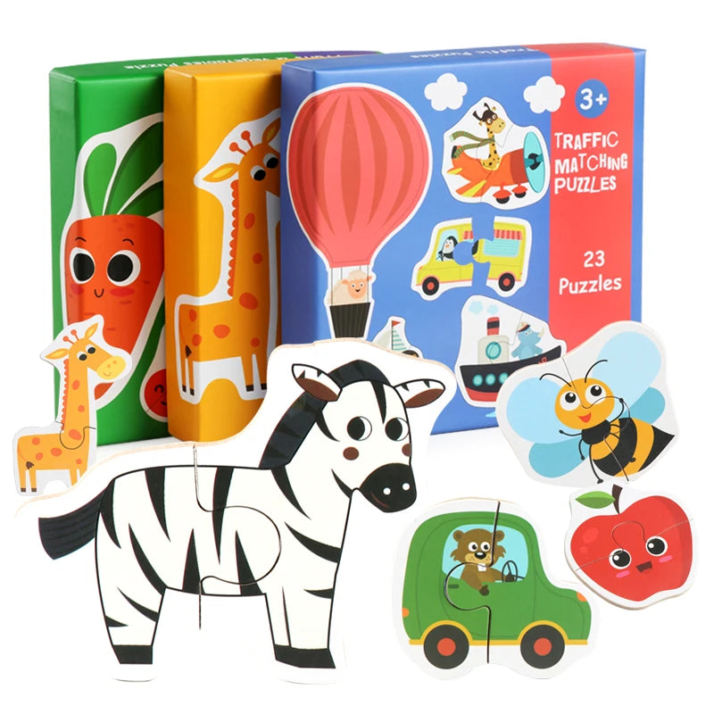 Children's Gifts, Kids Wooden Jigsaw Matching Puzzle, Baby Early Learning, Animal, Fruit & Traffic Educational Toy