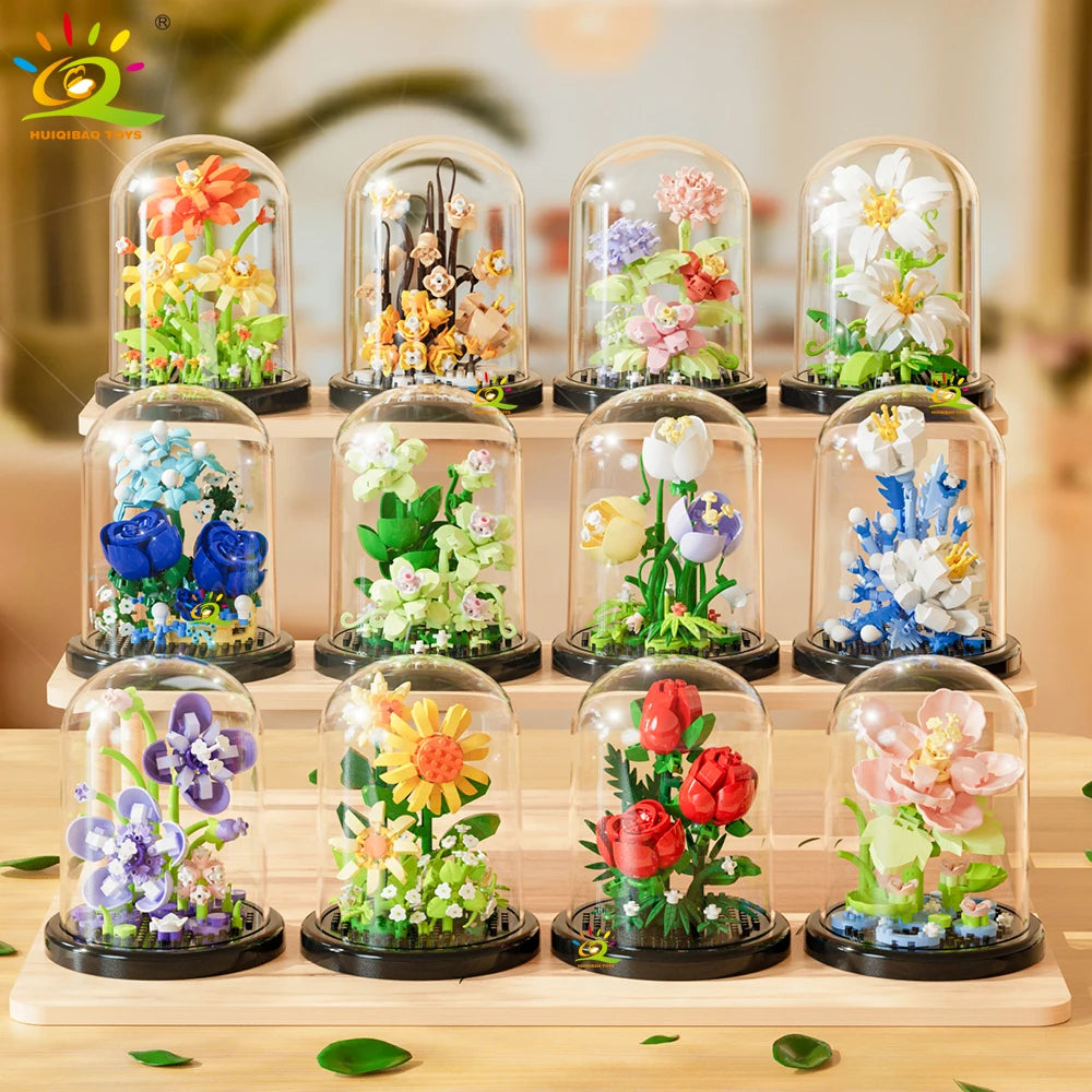 HUIQIBAO MOC Eternal Bouquet Micro Building Blocks – DIY Flower Model and Home Desk Decoration Toy for Kids