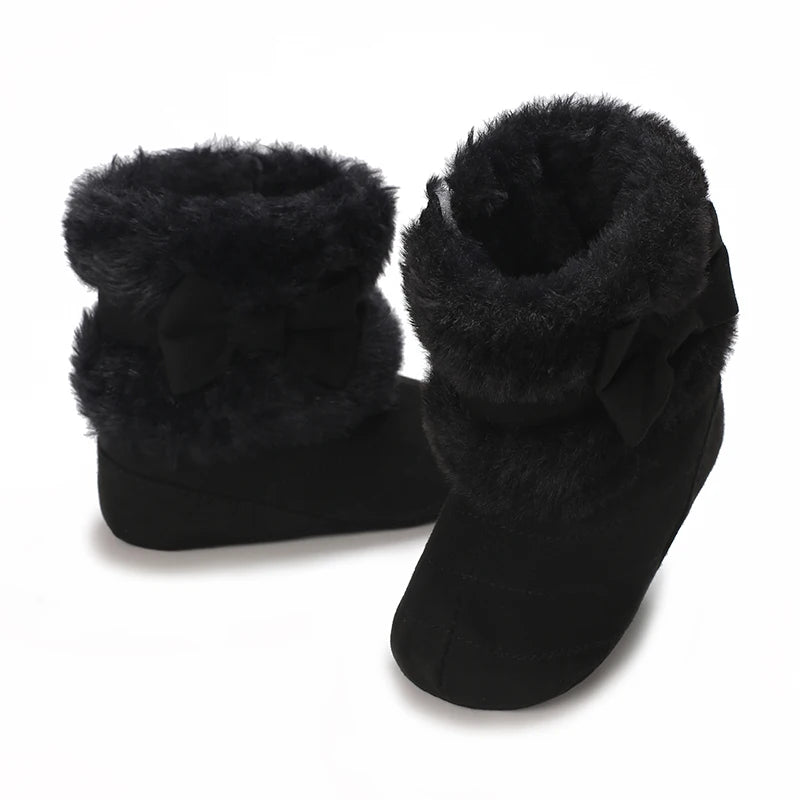 Cute Bowknot Comfortable Boots for Baby Girls, Soft Warm Plus Fleece Boots for Indoor Walking, Autumn and Winter