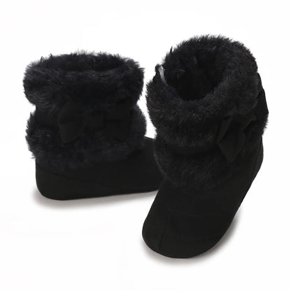 Cute Bowknot Comfortable Boots for Baby Girls, Soft Warm Plus Fleece Boots for Indoor Walking, Autumn and Winter