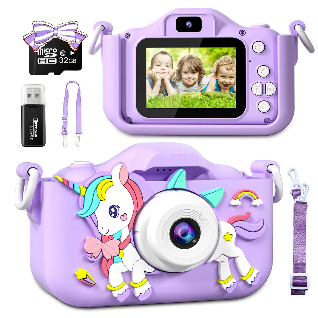 Kids Mini Cartoon Unicorn Camera Toy with 2-Inch Screen, 1080P HD Video, 32GB SD Card, Birthday Gift
