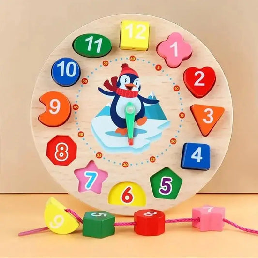 Wooden Number Blocks Puzzle, Shape & Color Sorting Clock, Montessori Toy for Kids, Early Education, Penguin Patterns, Time Learning