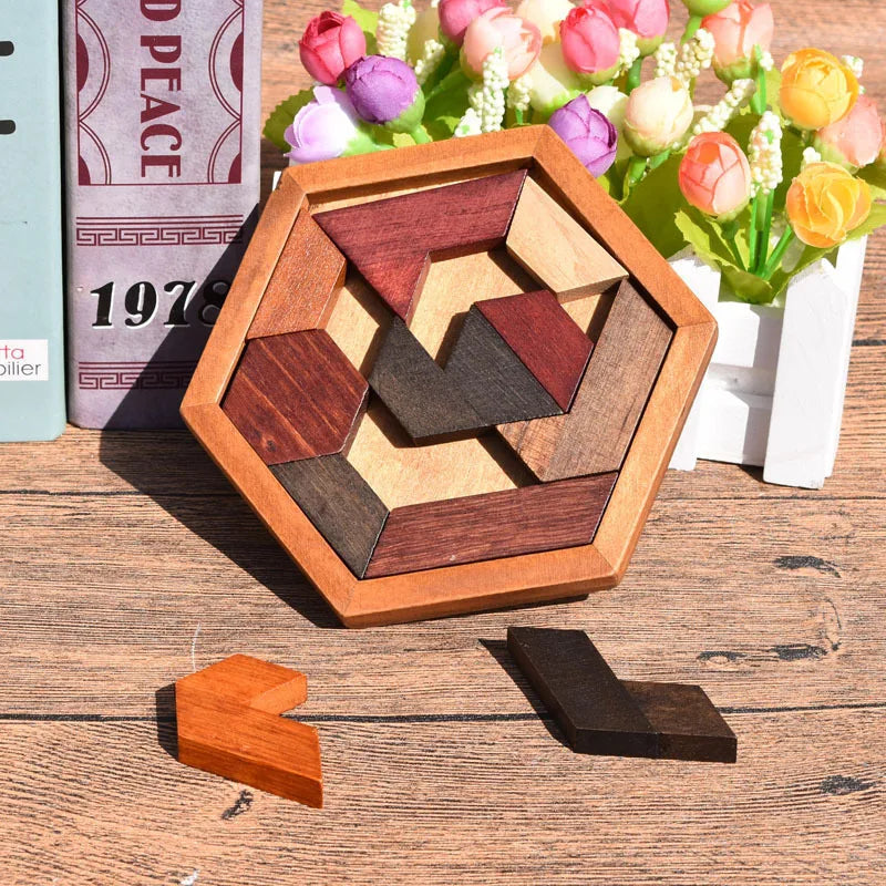 Hexagonal Wooden Puzzles, IQ Game Educational Toy for Children, Kids & Adults, Tangram Board IQ Brain Teaser, Montessori Gift Toy