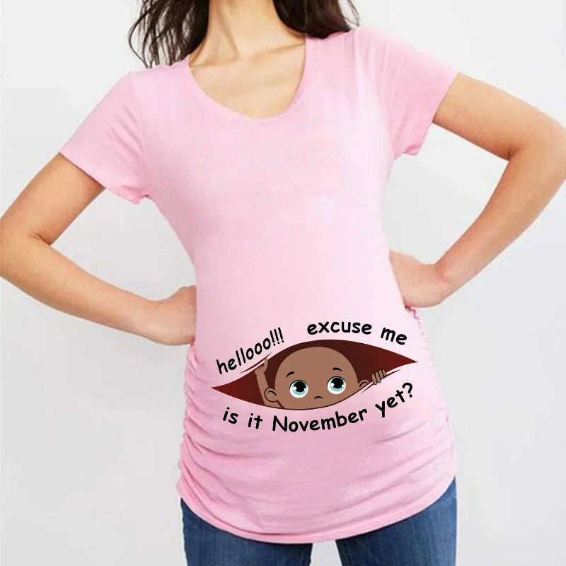 Summer January to December Peeking Baby Print Maternity T-Shirt | Funny Pregnancy Tops | Short Sleeve Pregnant Women Tees