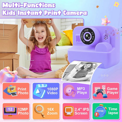 Kids Instant Print Thermal Camera with MP3 and Video Game, Toddler Toy for Ages 3-12
