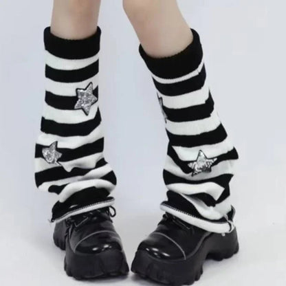 Y2K Punk Knitted Leg Warmers - Star Gothic Cross Harajuku Women Heart Two-Side Wear Loose Fit Leg Covers | JK Thigh High Lolita Socks