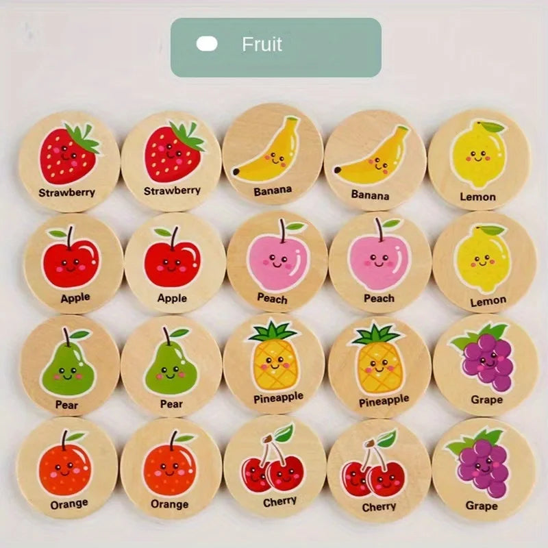 Children’s Educational Wooden Memory Game – Animal and Fruit Cognitive Memory Chess Toy for Focus Training and Learning