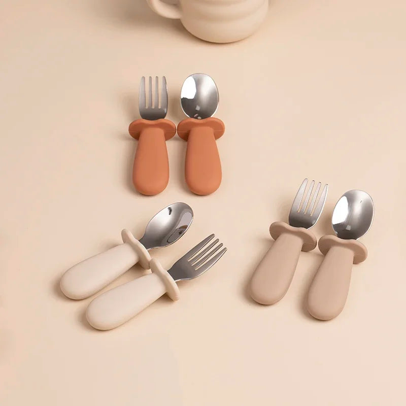 2PCS Baby Tableware Set – Stainless Steel Food Feeding Spoon & Fork, Silicone Handle Utensils for Infants & Toddlers, BPA-Free Cutlery Set