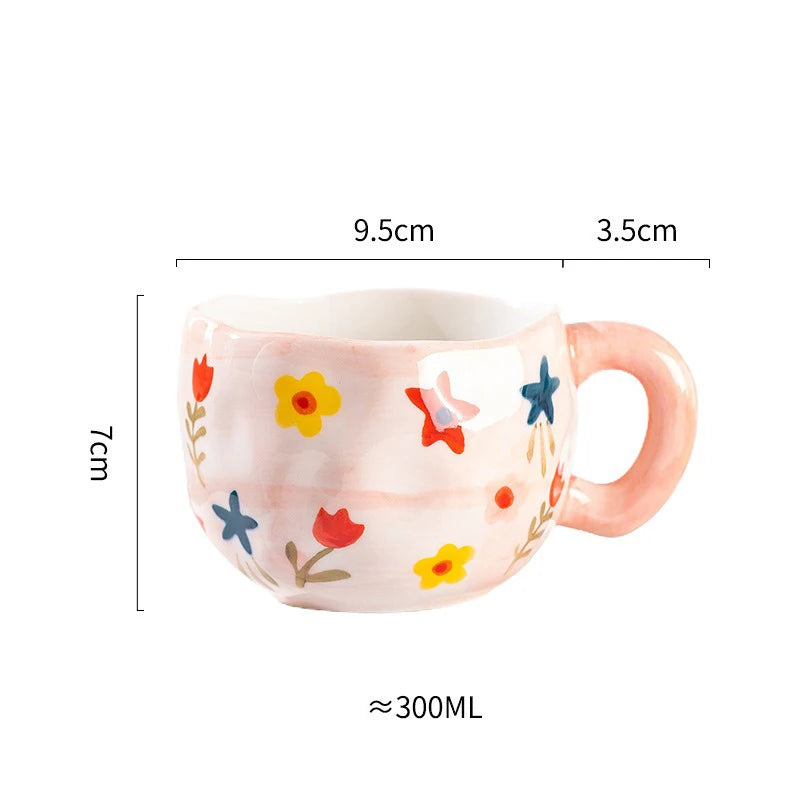Hand-Pinched Irregular Porcelain Mug 300 ml (10 fl oz) – Flower & Heart Pattern Coffee & Tea Cup, Cute Gift for Kids & Girls
