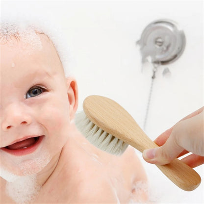 Newborn Baby Hair Bath Brush Comb - Natural Wooden Soft Wool Head Brush - Infant Head Massager - Portable Comb