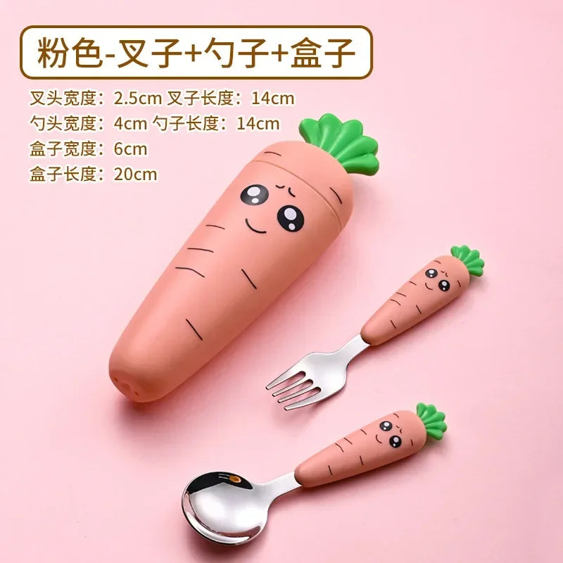 Carrot Shape Kids Fork and Spoon Set - Stainless Steel Baby Feeding Utensils, Cartoon Cutlery for Toddlers & Children