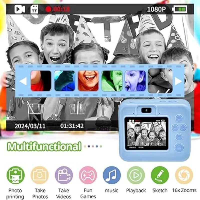 Digital Kids Camera with 2.8-Inch Screen, Portable Thermal Instant Print, HD Photo and Video