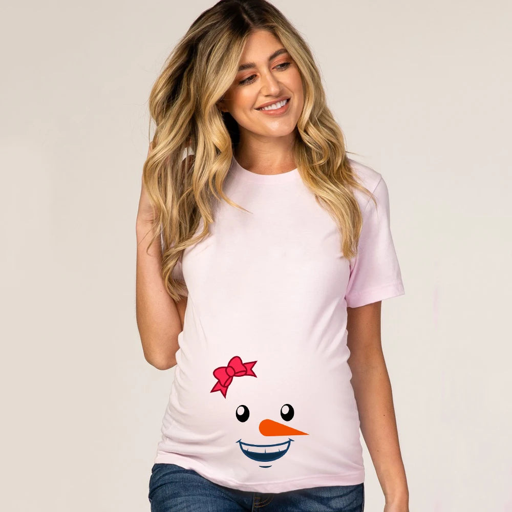 Christmas Pregnant Women T-shirt Snowman Cartoon Printed Pregnancy Announcement Clothes Maternity White Short Sleeve Top