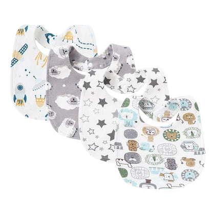 4Pcs/Set Infant Saliva Towel Baby Bibs | Cute Printed Double Layer Cotton Absorbent Burp Cloths for Newborn Boys & Girls with Pocket - Kidzy Market