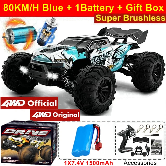 1:16 Brushless RC Drift Car with 80km/h Speed and LED Lights 4WD