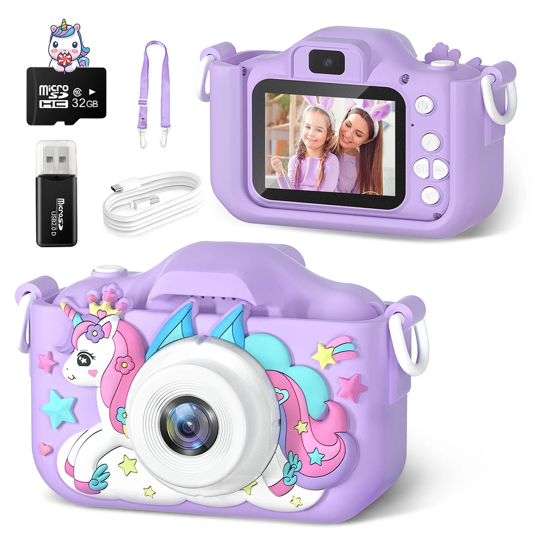Kids Mini Cartoon Unicorn Camera Toy with 2-Inch Screen, 1080P HD Video, 32GB SD Card, Birthday Gift