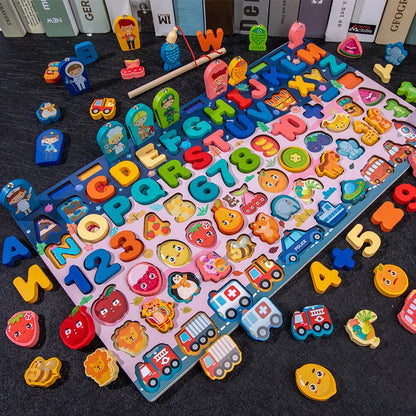 Montessori Wooden Math Toy – Busy Board with Counting, Shape, Color Matching, and Fishing Puzzle for Kids