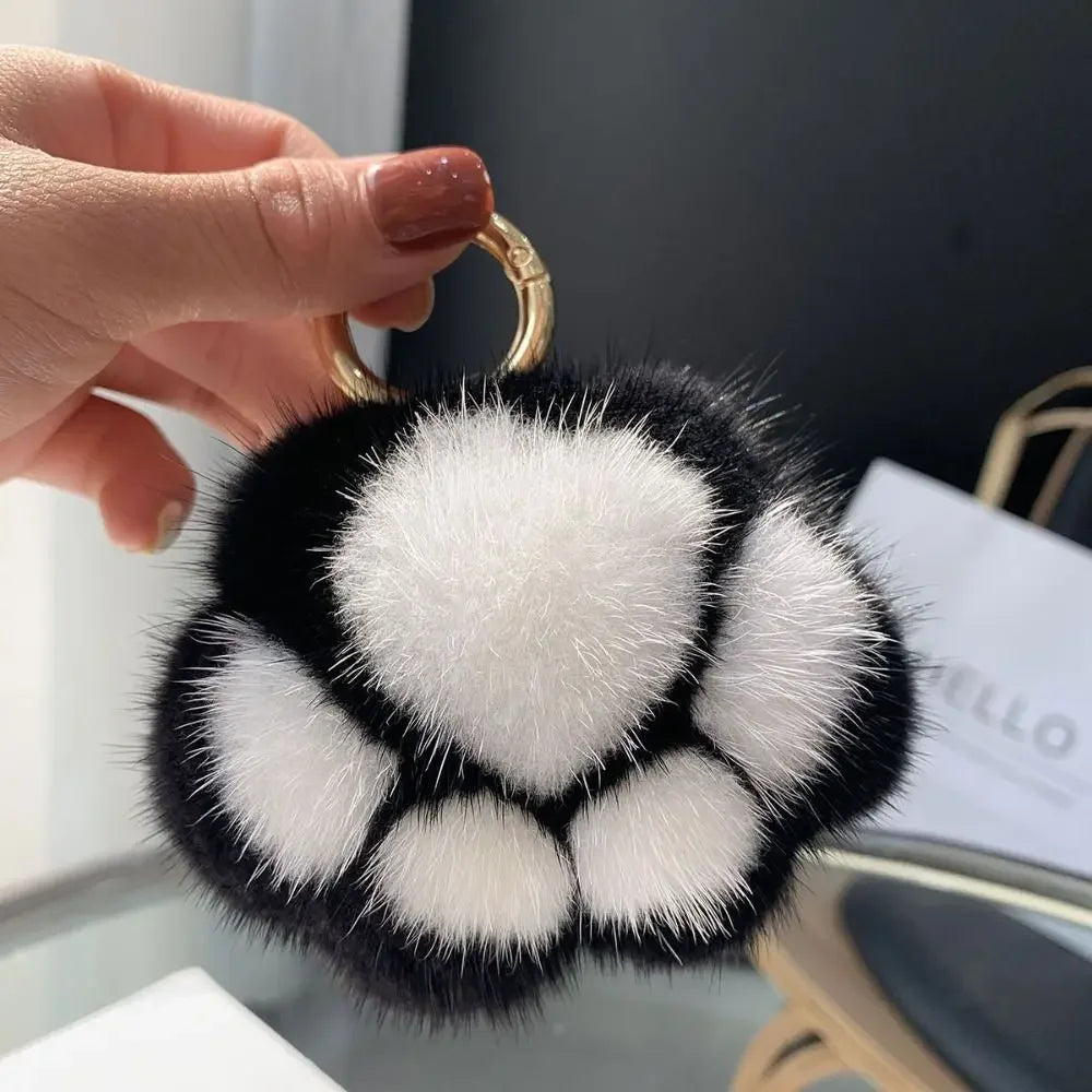 Fluffy Faux Fur Cat Paw Keychain, Plush Pendant for Backpack or Car
