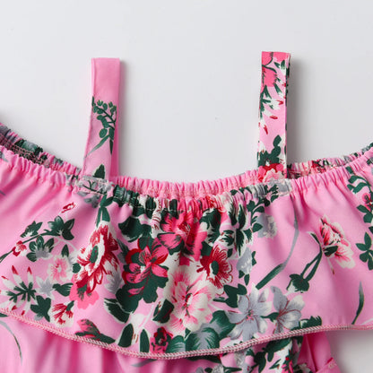 Girls' Summer Floral Jumpsuit – Ruffled Camisole Romper with Lace-Up Detail (Resort Style, 1-5 Years)