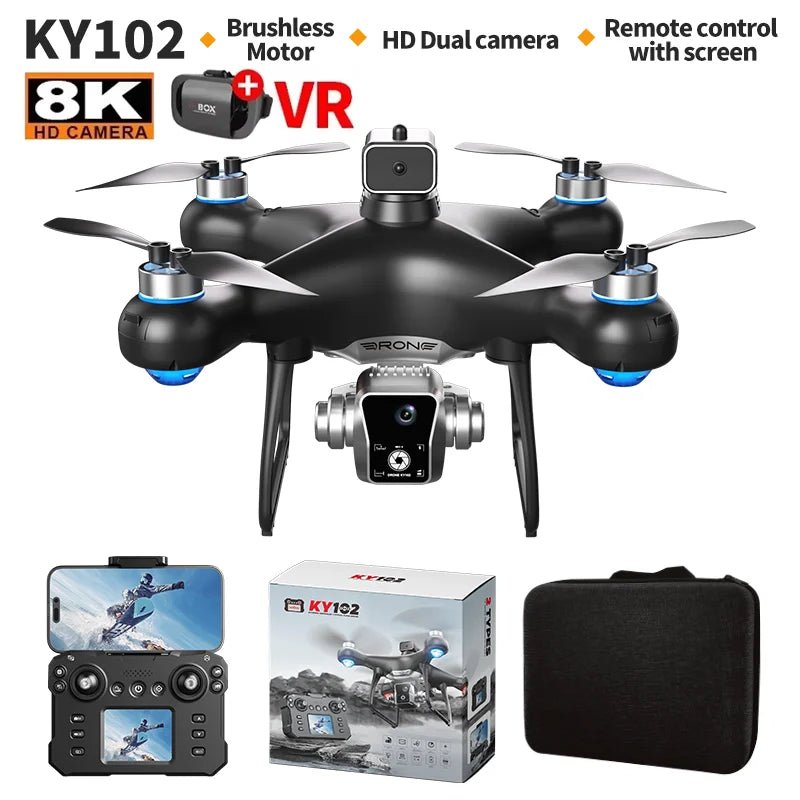 KY102 Drone with Screen – 8K Dual Camera Brushless RC Helicopter with Obstacle Avoidance