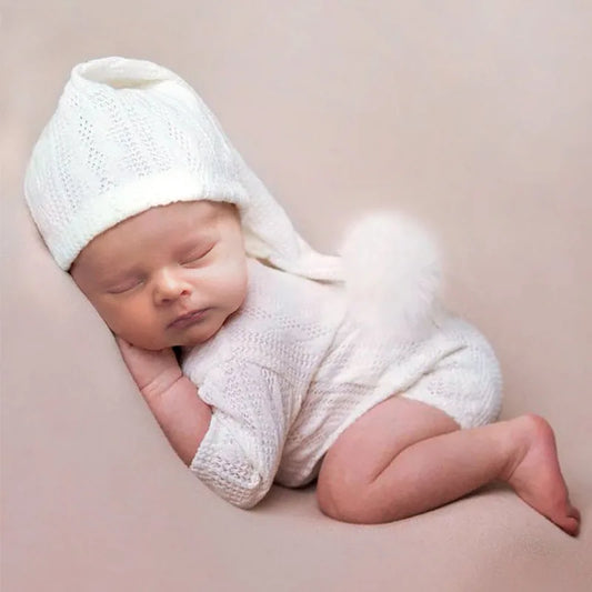 Ylsteed 2-Piece Set Newborn Photo Shooting Clothes – Knitted Baby Boy Jumpsuit with Pompom Hat Infant Photography Props