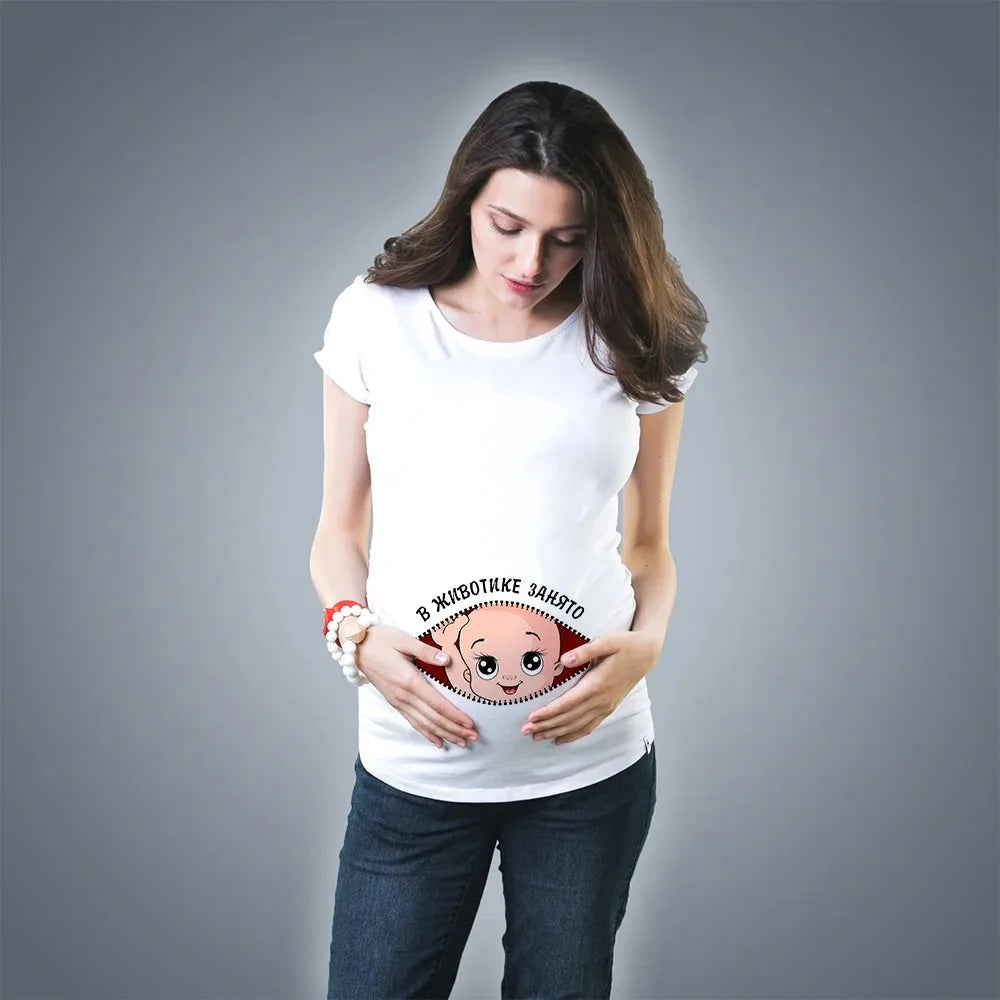 Fashionable Cute Baby Pregnancy T-Shirt for Women | Pure Cotton Printed Fun Summer Short Sleeve White Top