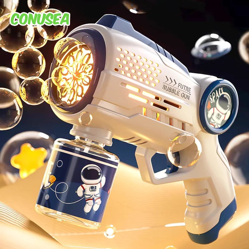 Astronaut Automatic Bubble Gun for Kids with Blue LED Lights — Battery-Powered Bubble Machine Toy (8.26 x 2.95 x 5.9 in / 21 x 7.5 x 15 cm)
