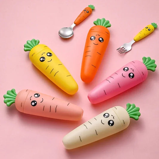Carrot Shape Kids Fork and Spoon Set - Stainless Steel Baby Feeding Utensils, Cartoon Cutlery for Toddlers & Children