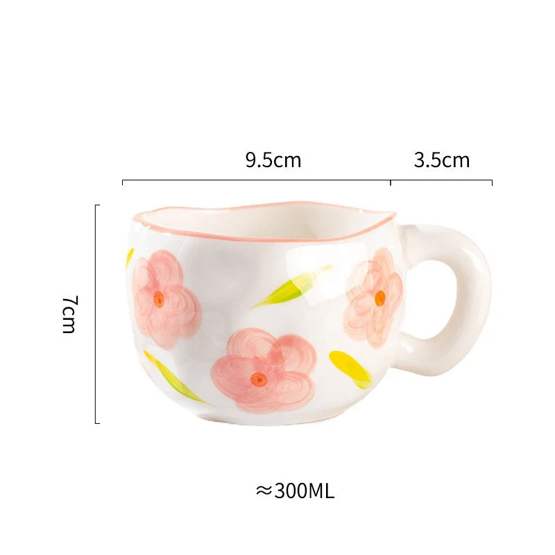Hand-Pinched Irregular Porcelain Mug 300 ml (10 fl oz) – Flower & Heart Pattern Coffee & Tea Cup, Cute Gift for Kids & Girls