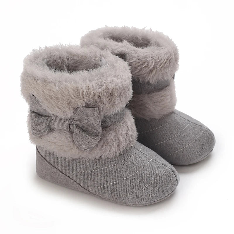 Cute Bowknot Comfortable Boots for Baby Girls, Soft Warm Plus Fleece Boots for Indoor Walking, Autumn and Winter