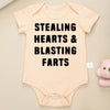 Creative Baby Onesie – "Stealing Hearts and Blasting Farts" Letter Print Funny Bodysuit – Comfy & Breathable Cotton Infant Clothes (0-24M)