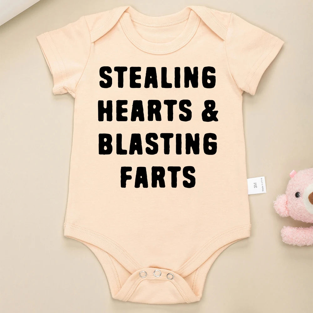 Creative Baby Onesie – "Stealing Hearts and Blasting Farts" Letter Print Funny Bodysuit – Comfy & Breathable Cotton Infant Clothes (0-24M)