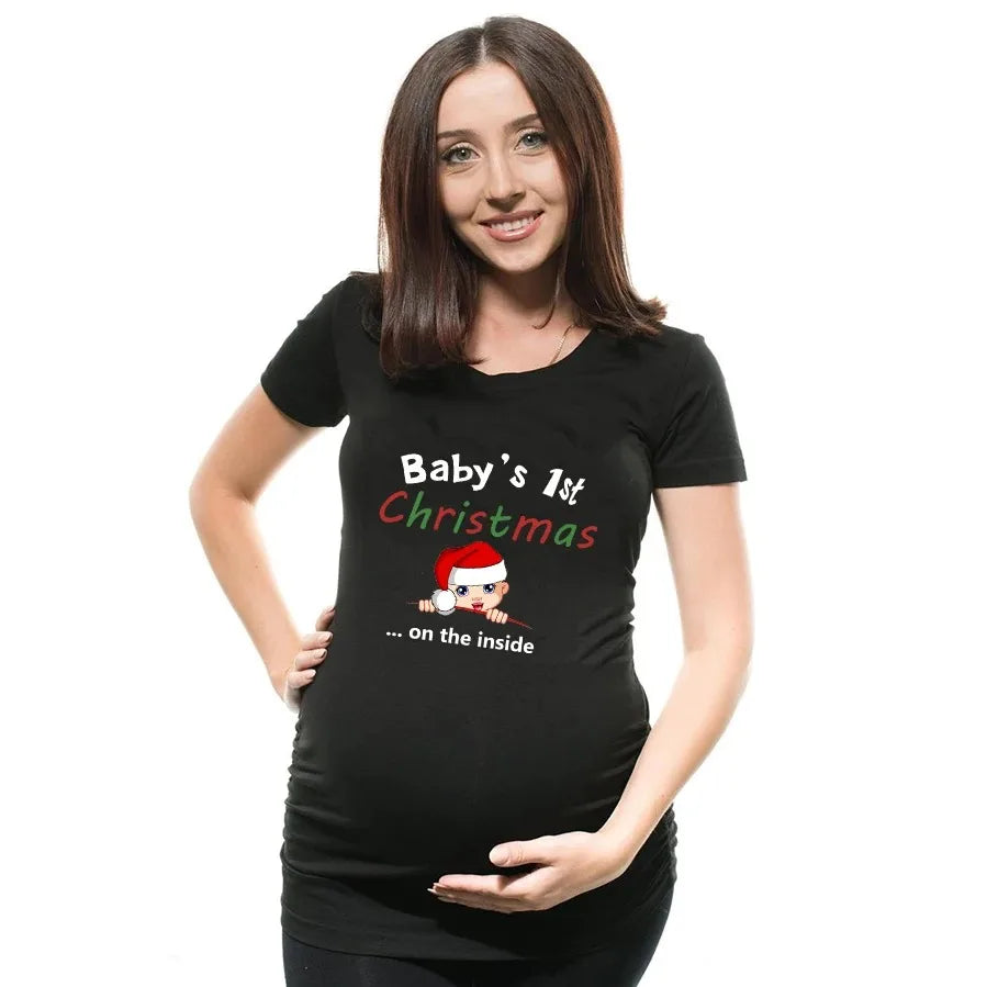 Baby's 1st Christmas Maternity T-shirt Snowman Buttons Funny Pregnancy Tee Cute Christmas T-shirt Pregnant Maternity T-shirts