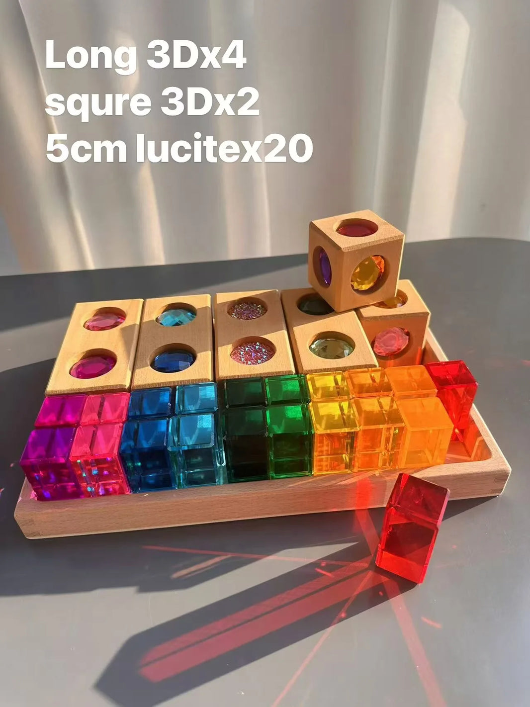 Wooden Montessori See-Through Blocks – Mixed Acrylic Gems Toy for Kids, Open Play Educational Toy