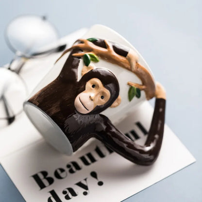 Cartoon Monkey Ceramic Coffee Mug — 310ml / 10.5 fl oz Irregular Kids Animal Cup with Handgrip