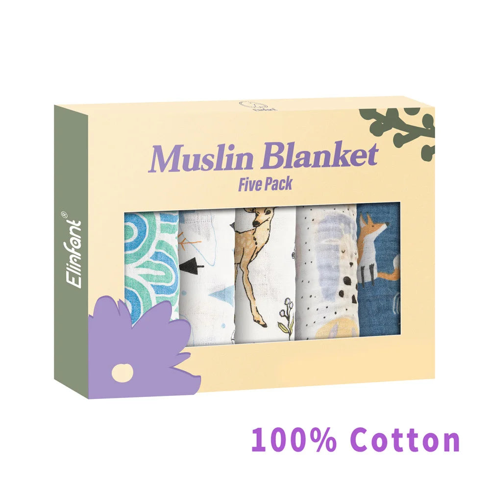 Elinfant 5-Piece Gift Set – Bamboo Cotton Muslin Bibs & Burp Cloths, 100% Cotton, 60x60cm, 2 Layers Baby Scarf & Handkerchief - Kidzy Market
