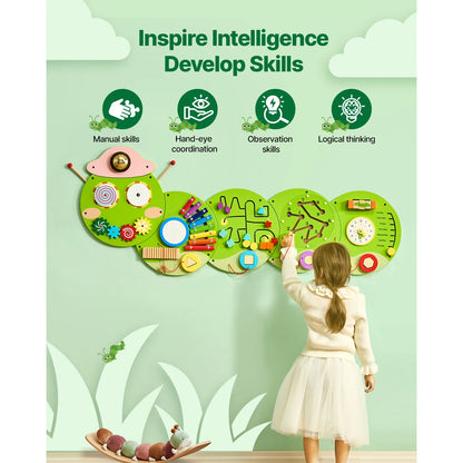 VEVOR Caterpillar Children’s Wall Busy Board – 12 Activities Montessori Sensory Learning Center for Kids Ages 3-12